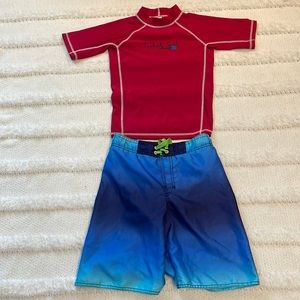 Tribal Surf rash guard top UV protection red blue swim trunks boys size 14 16